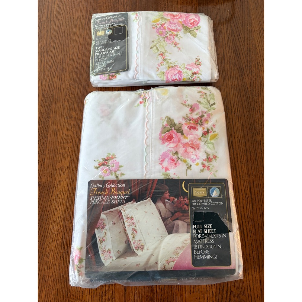 Vtg Sears Gallery Collection French Bouquet‎ Full Size Flat Sheet 2 Pillow Cases